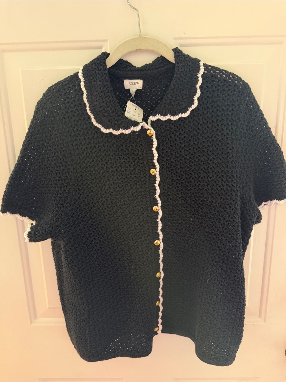 J. Crew Black Crochet Short-Sleeve Cardigan with White Trim and Gold Buttons